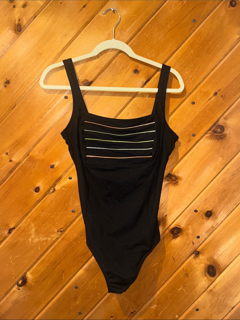 Vintage LONGITUDE Neon Rainbow Striped Black Slimming One Piece Swimsuit